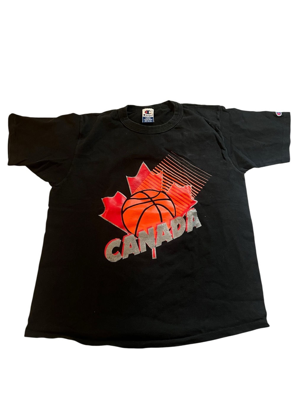 Vintage Champion Canada Basketball Graphic T-Shirt Black Size L (01)